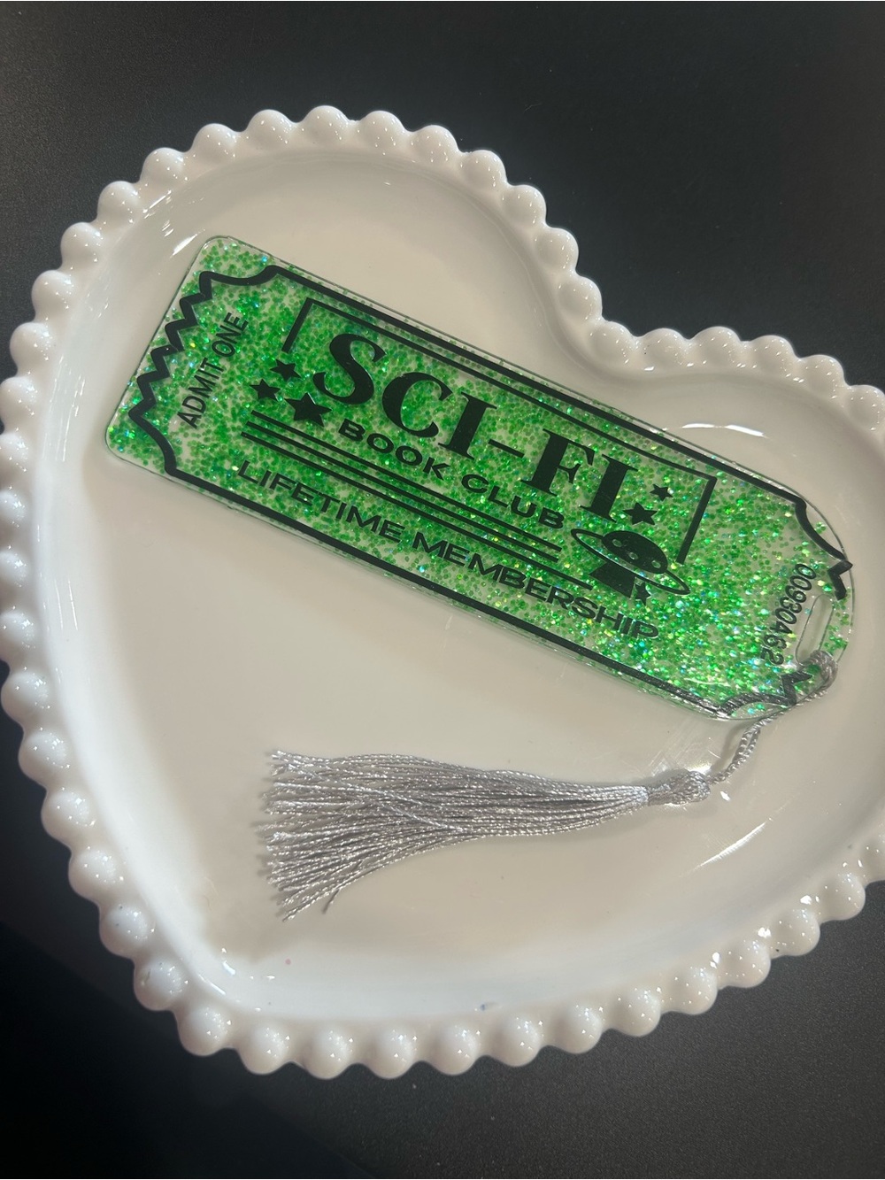 Green Glitter Bookmark with Silver Tassel